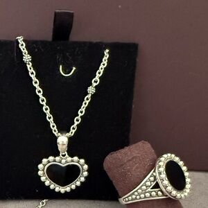 MAYA  STERLING HEART BLACK ONYX NECKLACE AND CIRCLE RING  SET